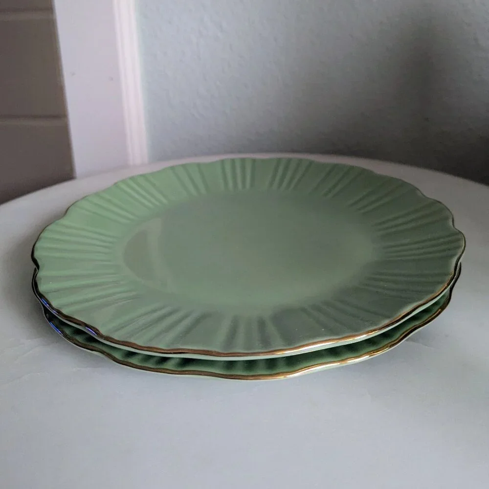 Set of 2 Green and Gold Fluted Porcelain Cake Plates